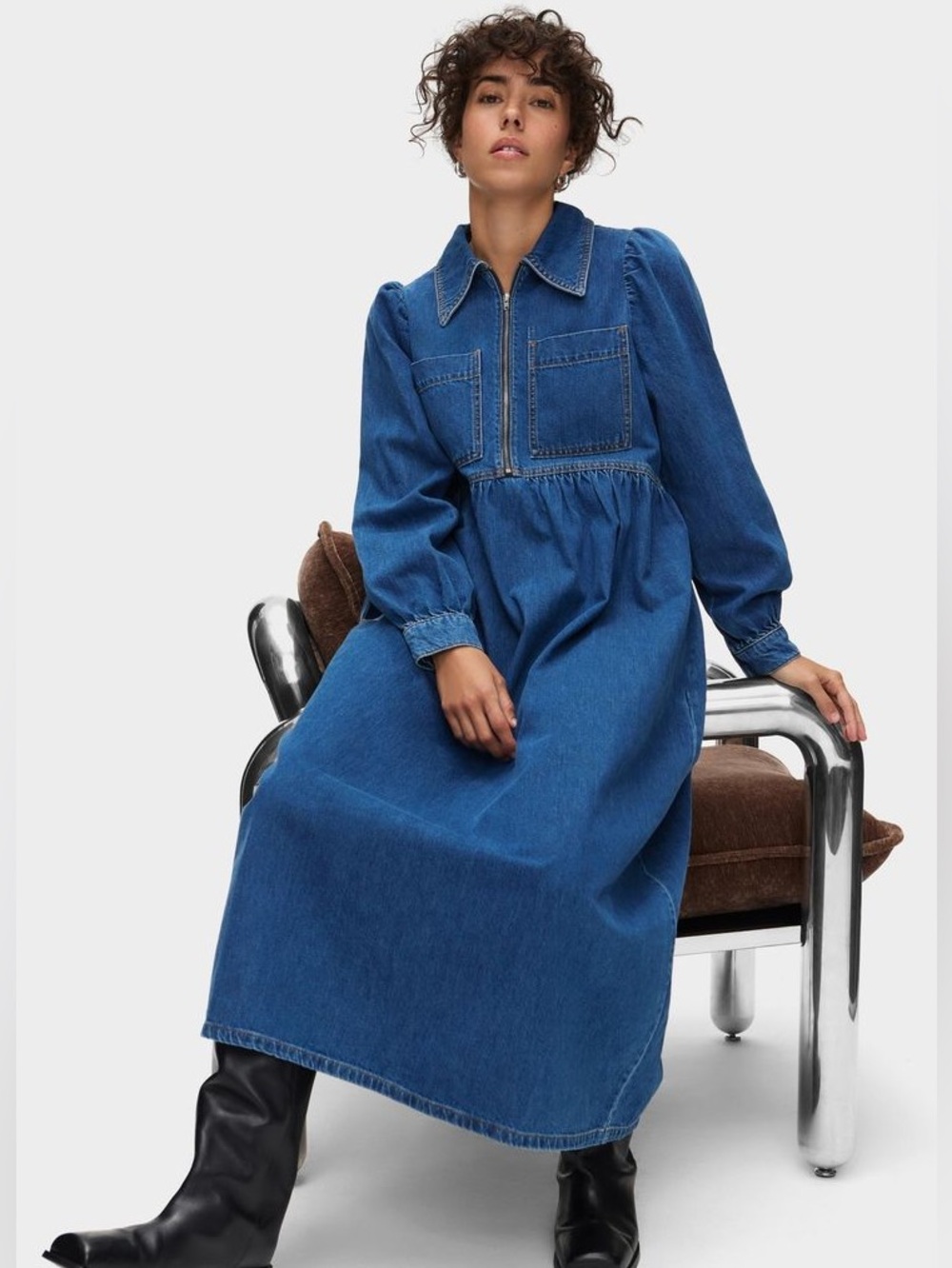 Aligne Gabriella Women's Long Sleeve Oversized Midi Denim Dress 12